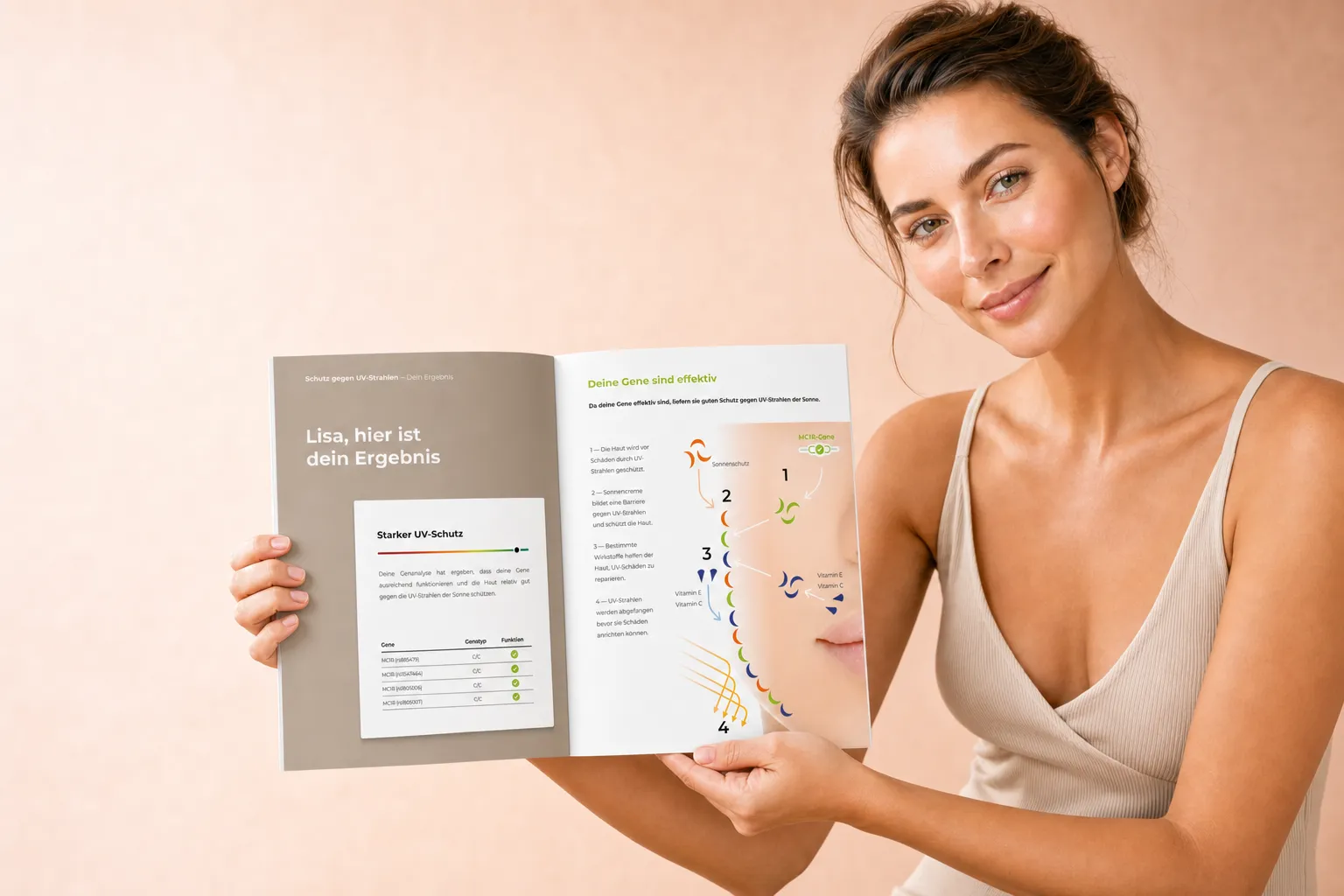 Frau hält ihren persönlichen BeautyMe Report mit den Ergebnissen der Genanalyse in den Händen