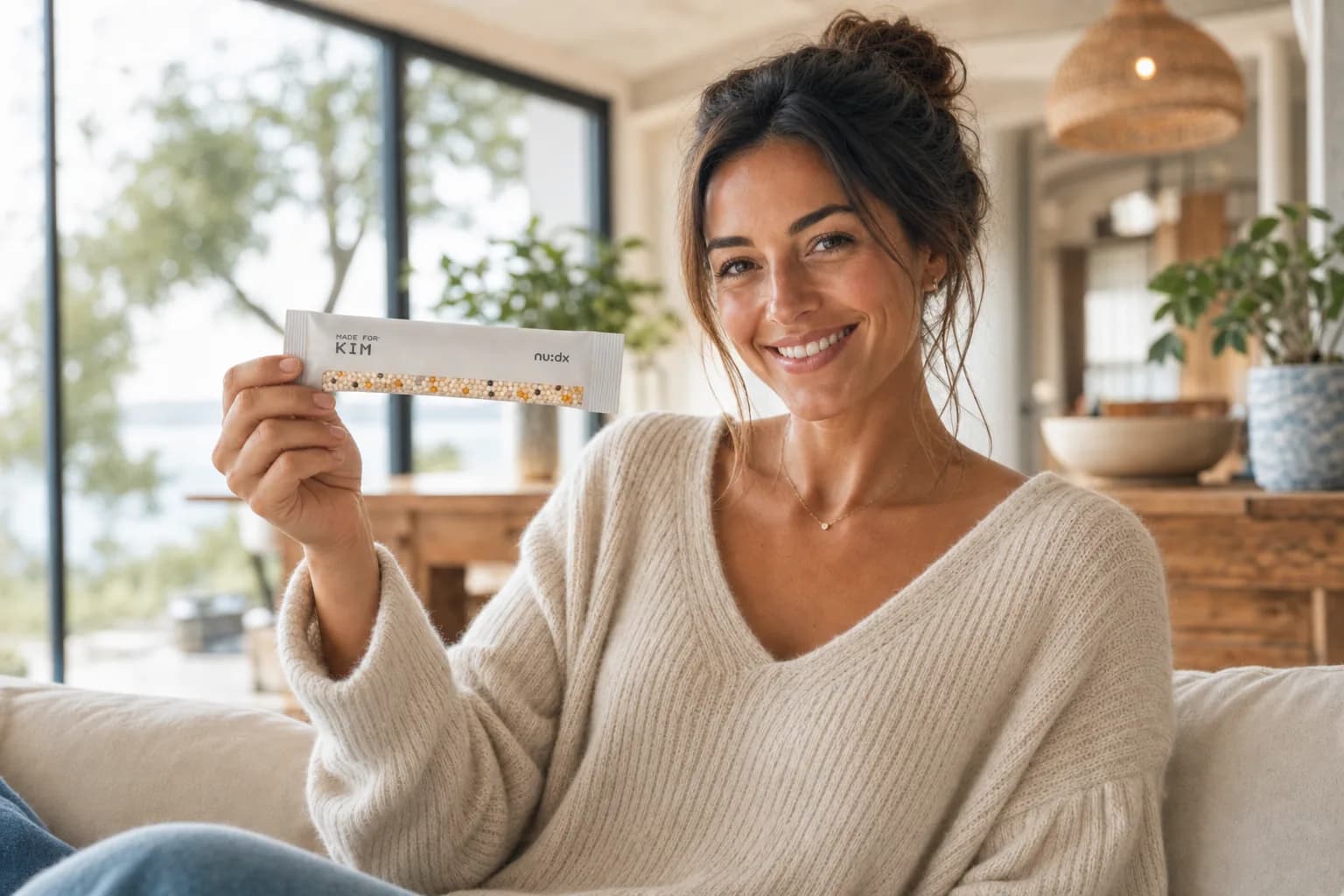 Woman relaxing at home holding her individual nu:dx nutrient sachet