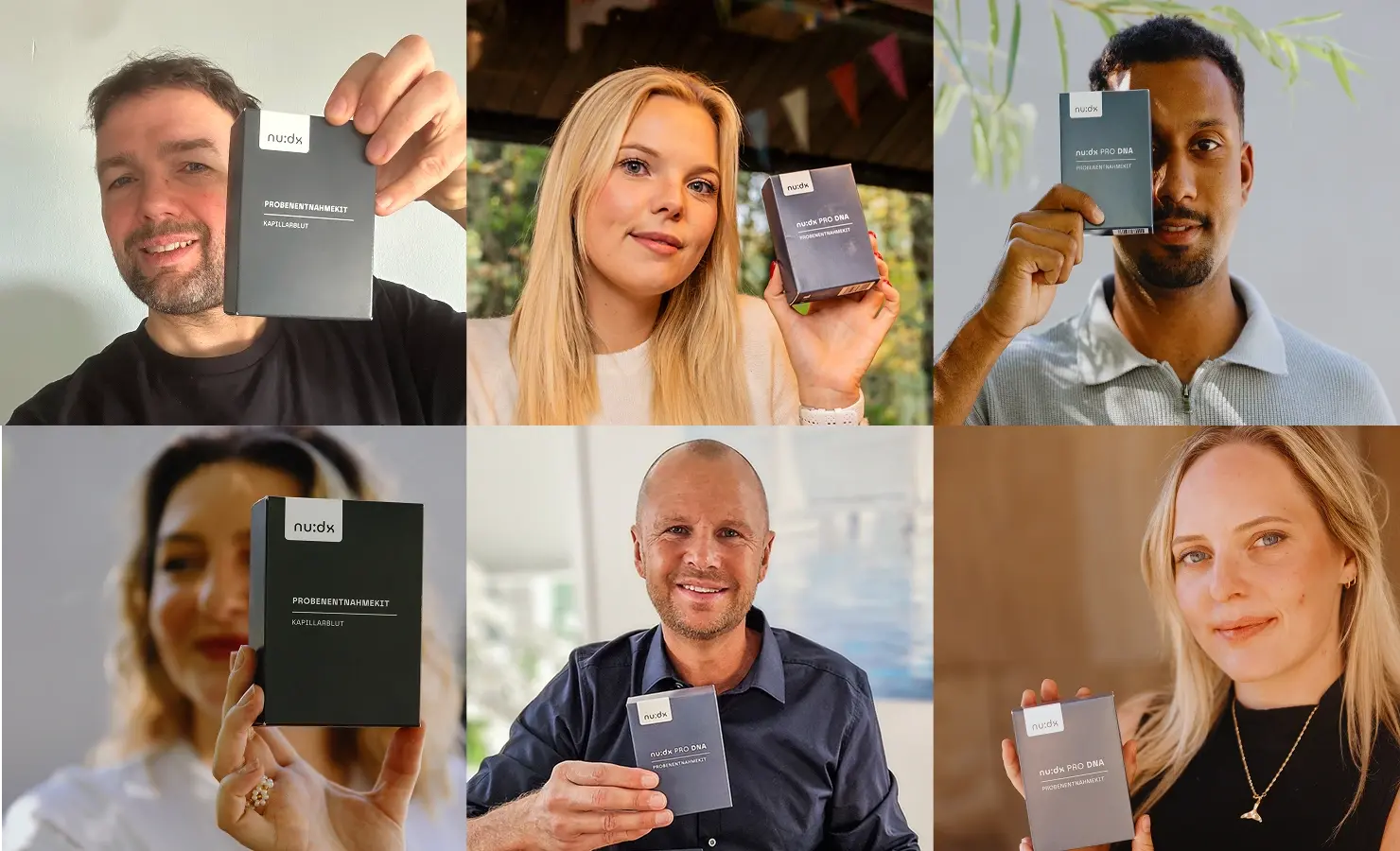 6 Different People with nu:dx dna kits in hand